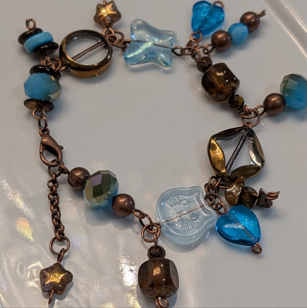 Handmade Blue and Bronze Beaded Charm Bracelet 7.5-8.5"